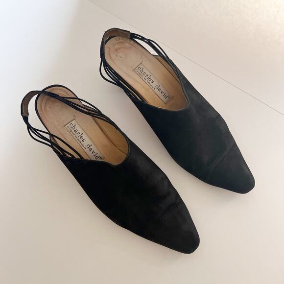 Vintage 90s Black Suede Leather Slingback Mules Heels Size‎ 10 Victorian Gothic - Picture 2 of 10